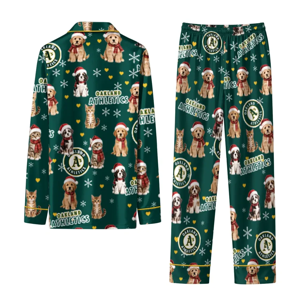 Oakland Athletics Long Pajama Set Customized Animal Scatter Green Fashion Forward Oakland Athletics Long Pajama Set Customized Animal Scatter Green Fashion Forward