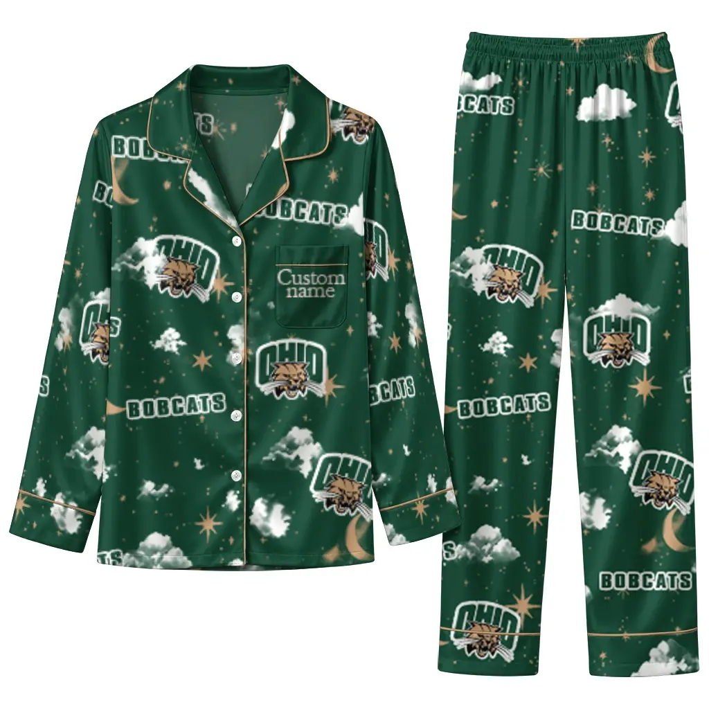 Ohio Bobcats Long Pajama Set Personalized Cloud Stars Green Best Selling Ohio Bobcats Long Pajama Set Personalized Cloud Stars Green Best Selling