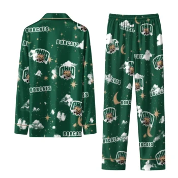 Ohio Bobcats Long Pajama Set Personalized Cloud Stars Green Fashion Forward
