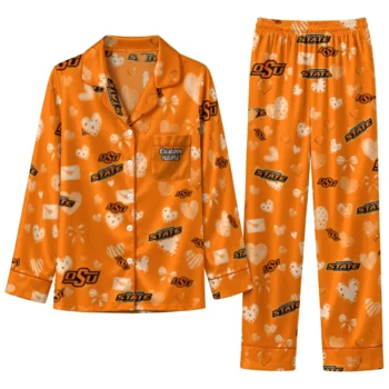 Oklahoma State Cowboys Long Pajama Set Personalized Heart Charms Orange Best Selling