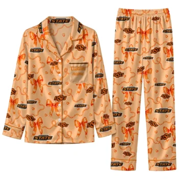 Oklahoma State Cowboys Long Pajama Set Personalized Ribbon Chains Orange Best Selling