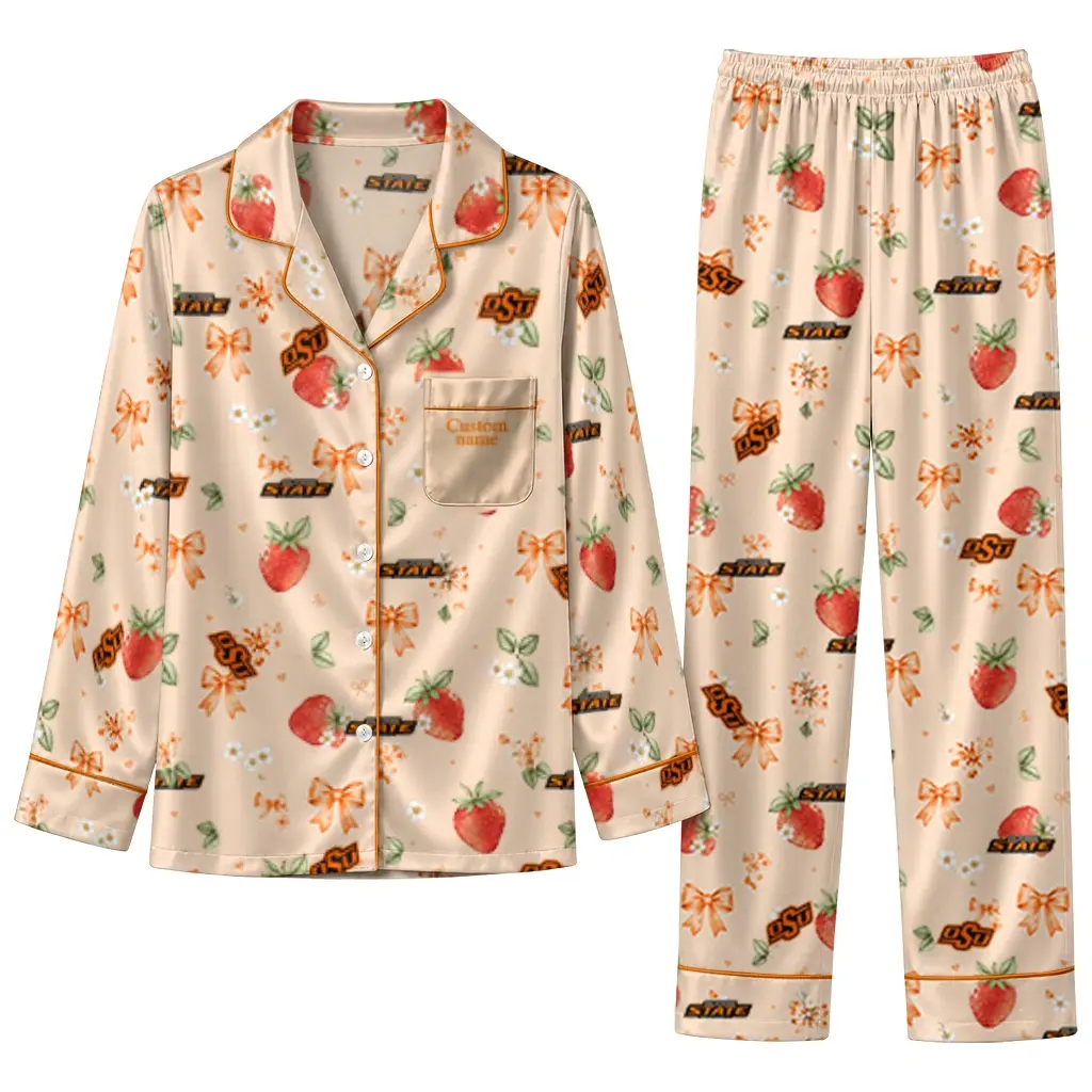 Oklahoma State Cowboys Long Pajama Set Personalized Ribbon Florals Orange Best Selling Oklahoma State Cowboys Long Pajama Set Personalized Ribbon Florals Orange Best Selling