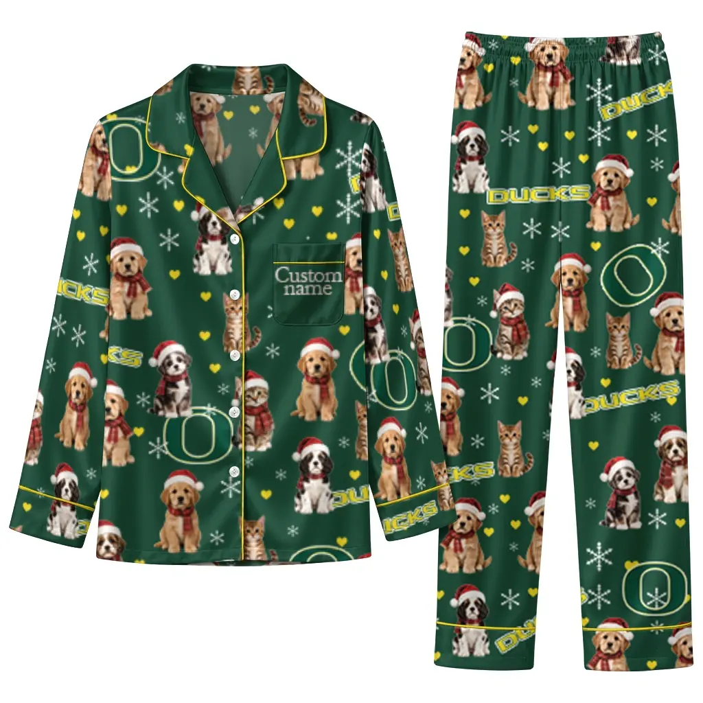 Oregon Ducks Long Pajama Set Customized Animal Scatter Green Best Selling Oregon Ducks Long Pajama Set Customized Animal Scatter Green Best Selling