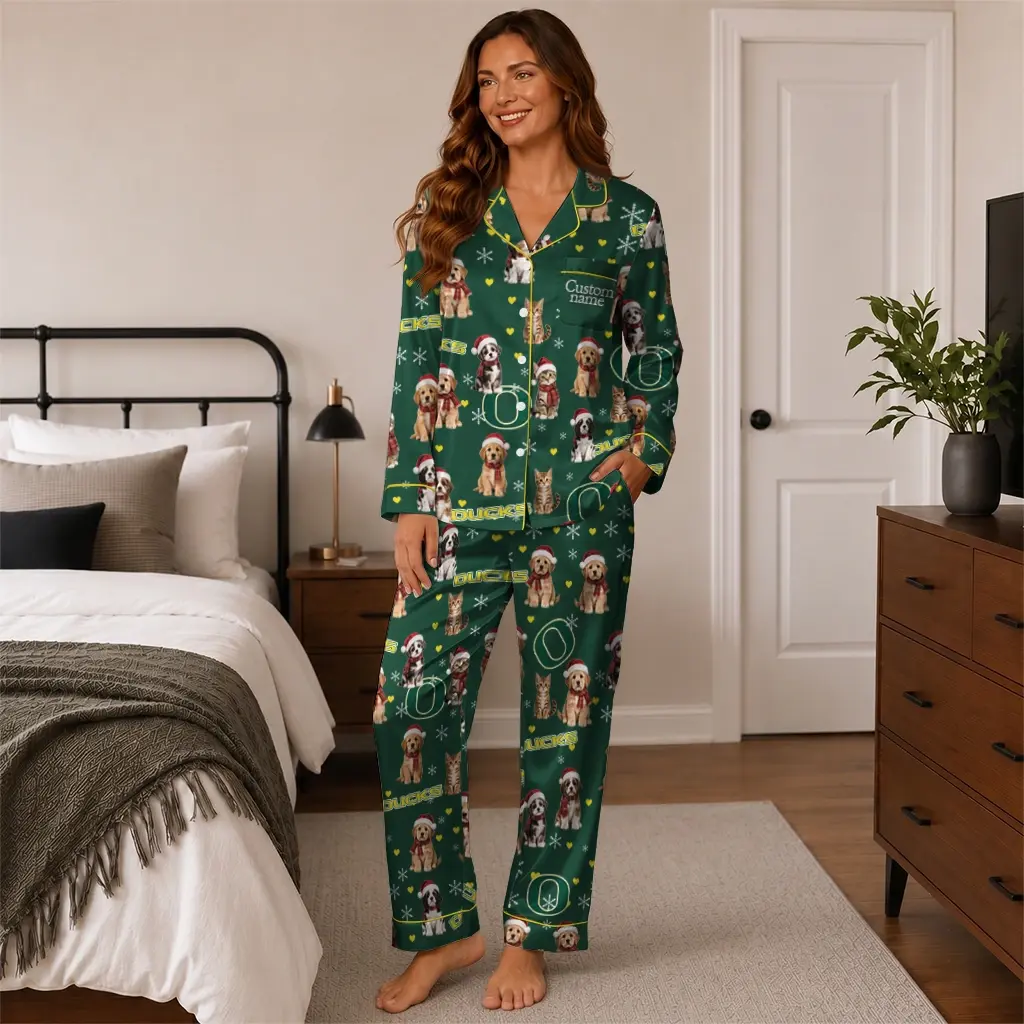 Oregon Ducks Long Pajama Set Customized Animal Scatter Green High Quality Oregon Ducks Long Pajama Set Customized Animal Scatter Green High Quality