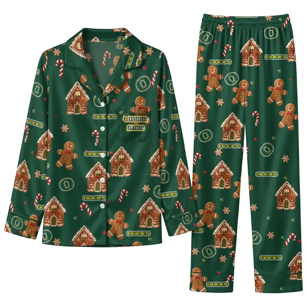 Oregon Ducks Long Pajama Set Customized Candy Scatter Green Best Selling Oregon Ducks Long Pajama Set Customized Candy Scatter Green Best Selling