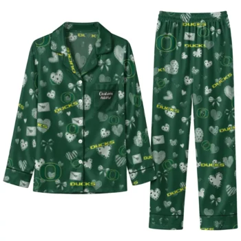 Oregon Ducks Long Pajama Set Customized Heart Charms Green Best Selling