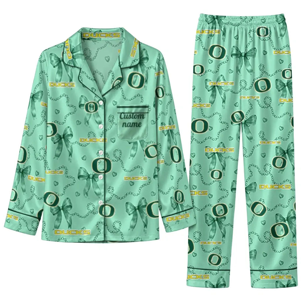Oregon Ducks Long Pajama Set Customized Ribbon Chains Green Best Selling Oregon Ducks Long Pajama Set Customized Ribbon Chains Green Best Selling