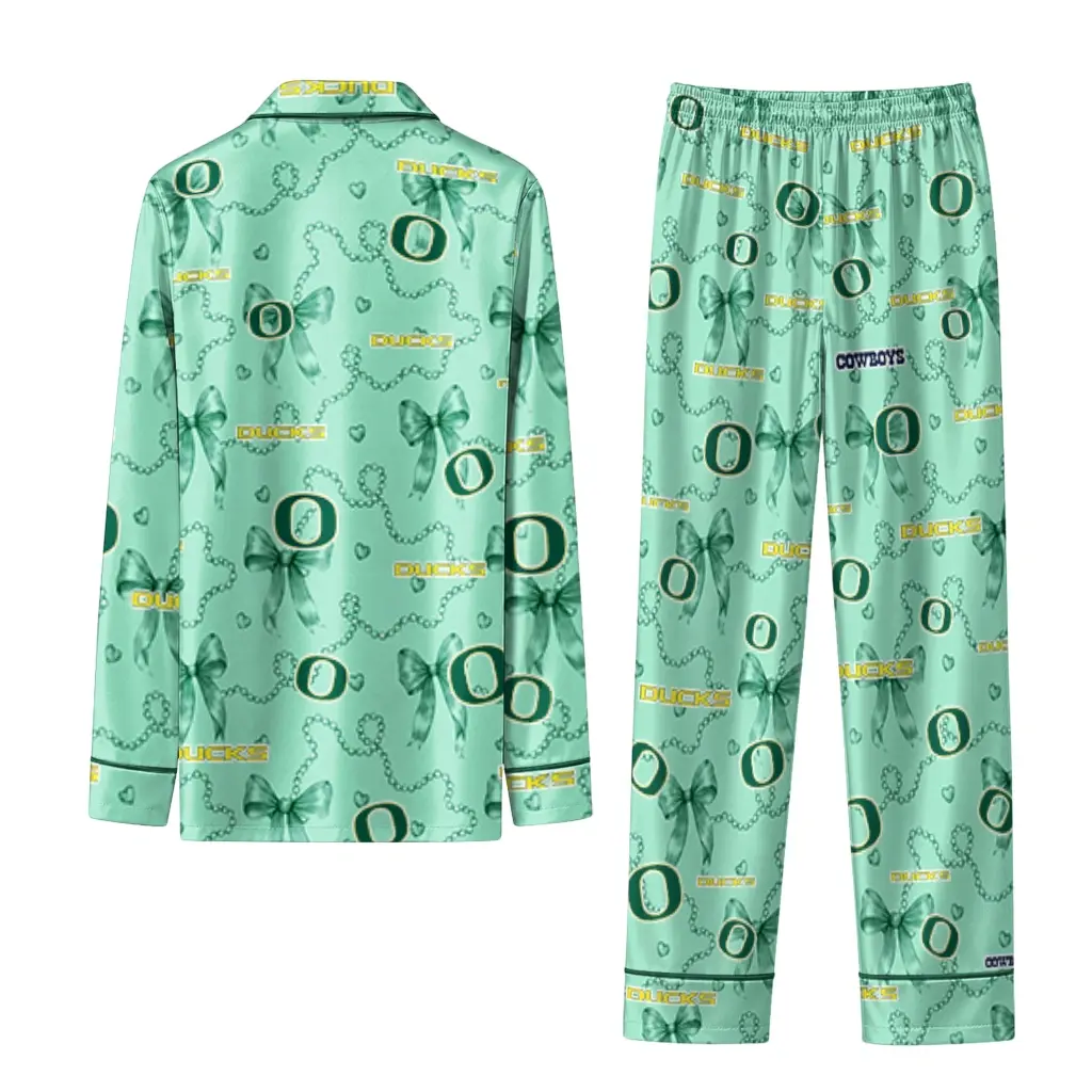 Oregon Ducks Long Pajama Set Customized Ribbon Chains Green Fashion Forward Oregon Ducks Long Pajama Set Customized Ribbon Chains Green Fashion Forward