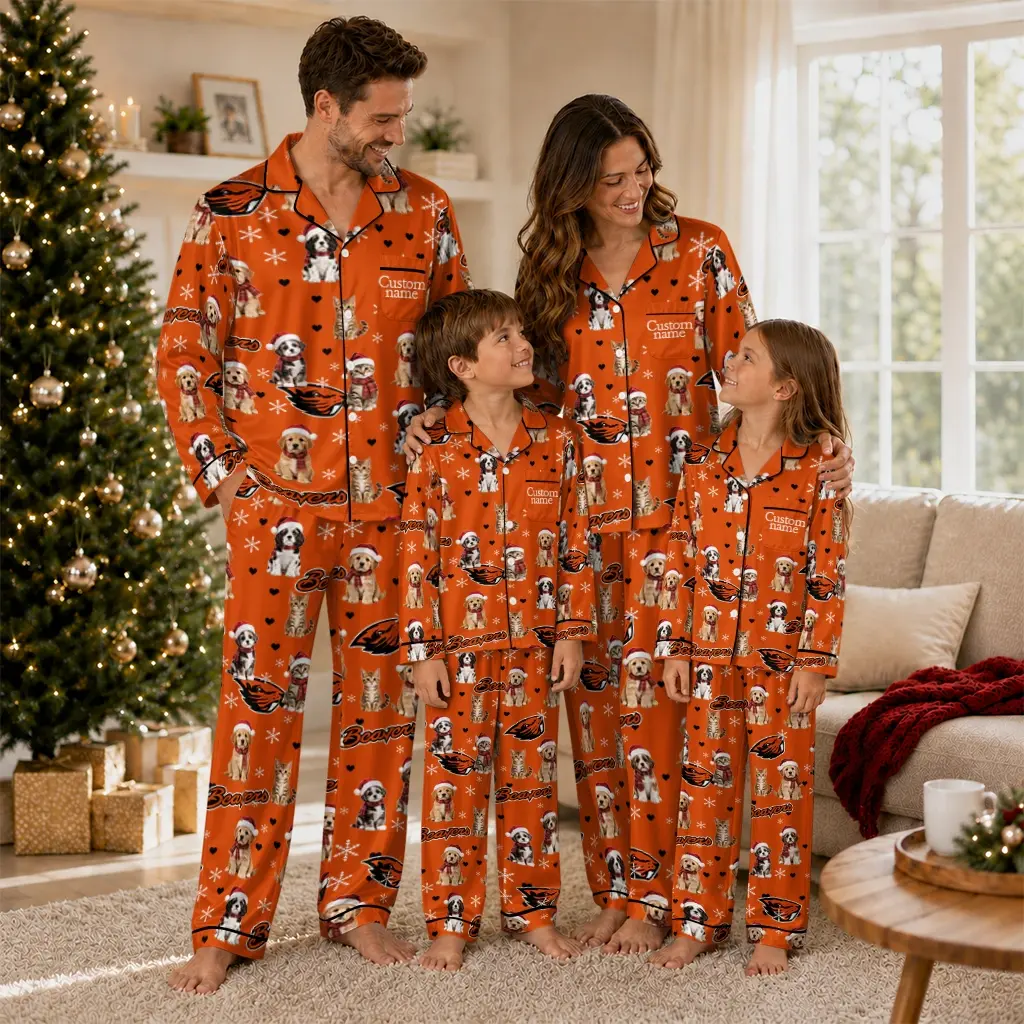 Oregon State Beavers Long Pajama Set Personalized Animal Scatter Orange Latest Model Oregon State Beavers Long Pajama Set Personalized Animal Scatter Orange Latest Model