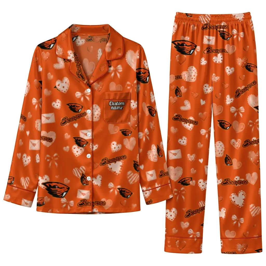 Oregon State Beavers Long Pajama Set Personalized Heart Charms Orange Best Selling Oregon State Beavers Long Pajama Set Personalized Heart Charms Orange Best Selling