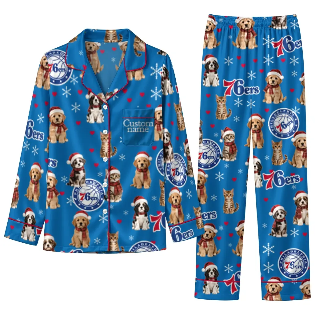 Philadelphia 76ers Long Pajama Set Custom Animal Scatter Blue Best Selling Philadelphia 76ers Long Pajama Set Custom Animal Scatter Blue Best Selling