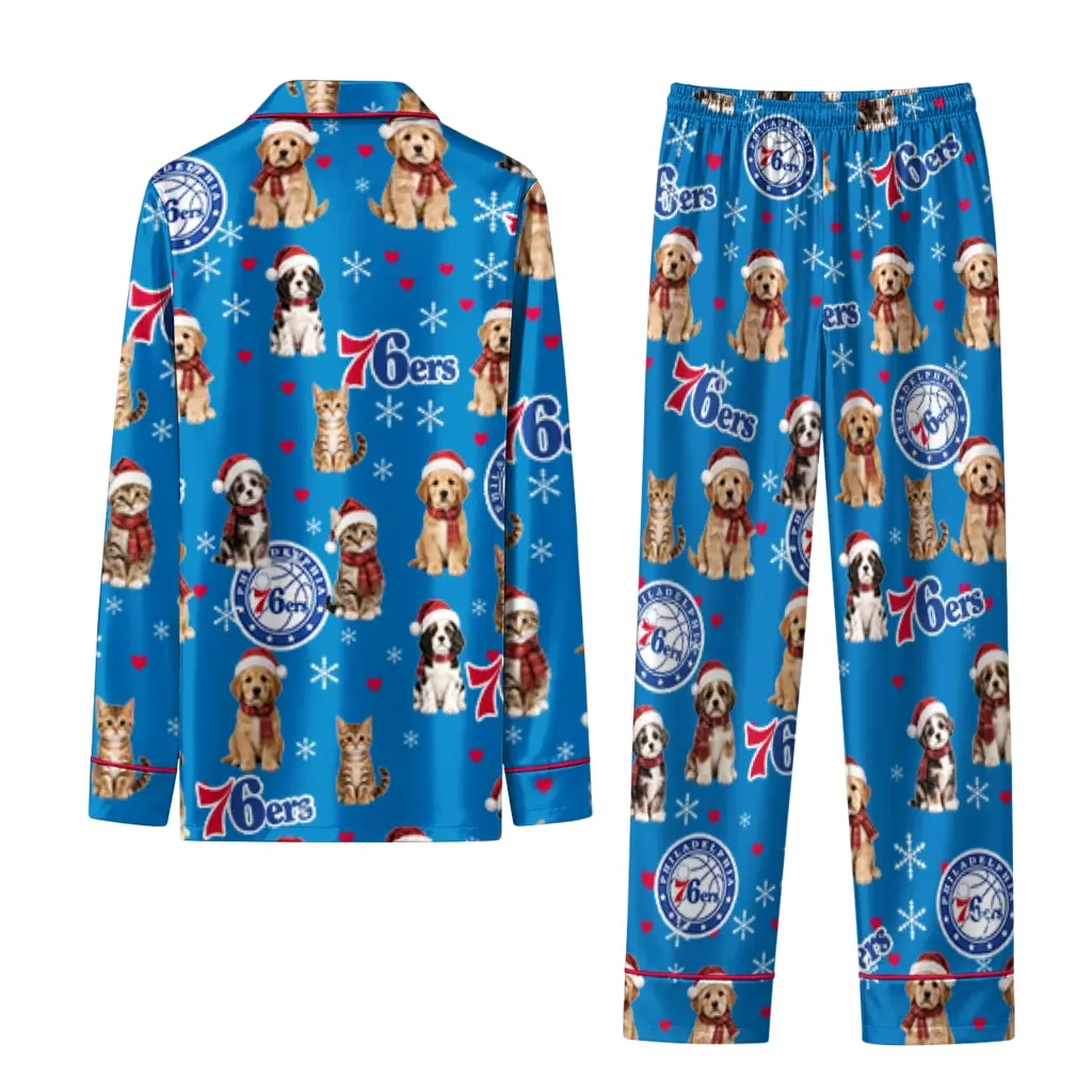 Philadelphia 76ers Long Pajama Set Custom Animal Scatter Blue Fashion Forward Philadelphia 76ers Long Pajama Set Custom Animal Scatter Blue Fashion Forward