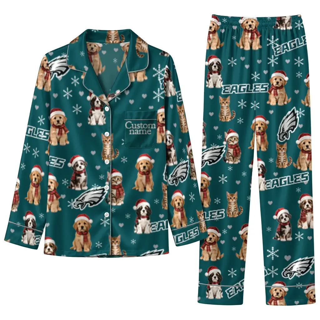 Philadelphia Eagles Long Pajama Set Customized Animal Scatter Green Best Selling Philadelphia Eagles Long Pajama Set Customized Animal Scatter Green Best Selling