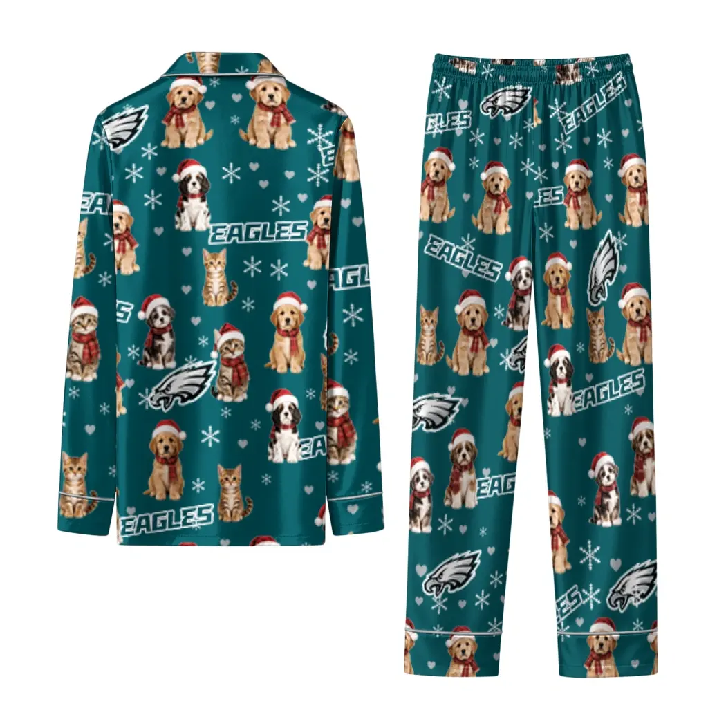 Philadelphia Eagles Long Pajama Set Customized Animal Scatter Green Fashion Forward Philadelphia Eagles Long Pajama Set Customized Animal Scatter Green Fashion Forward