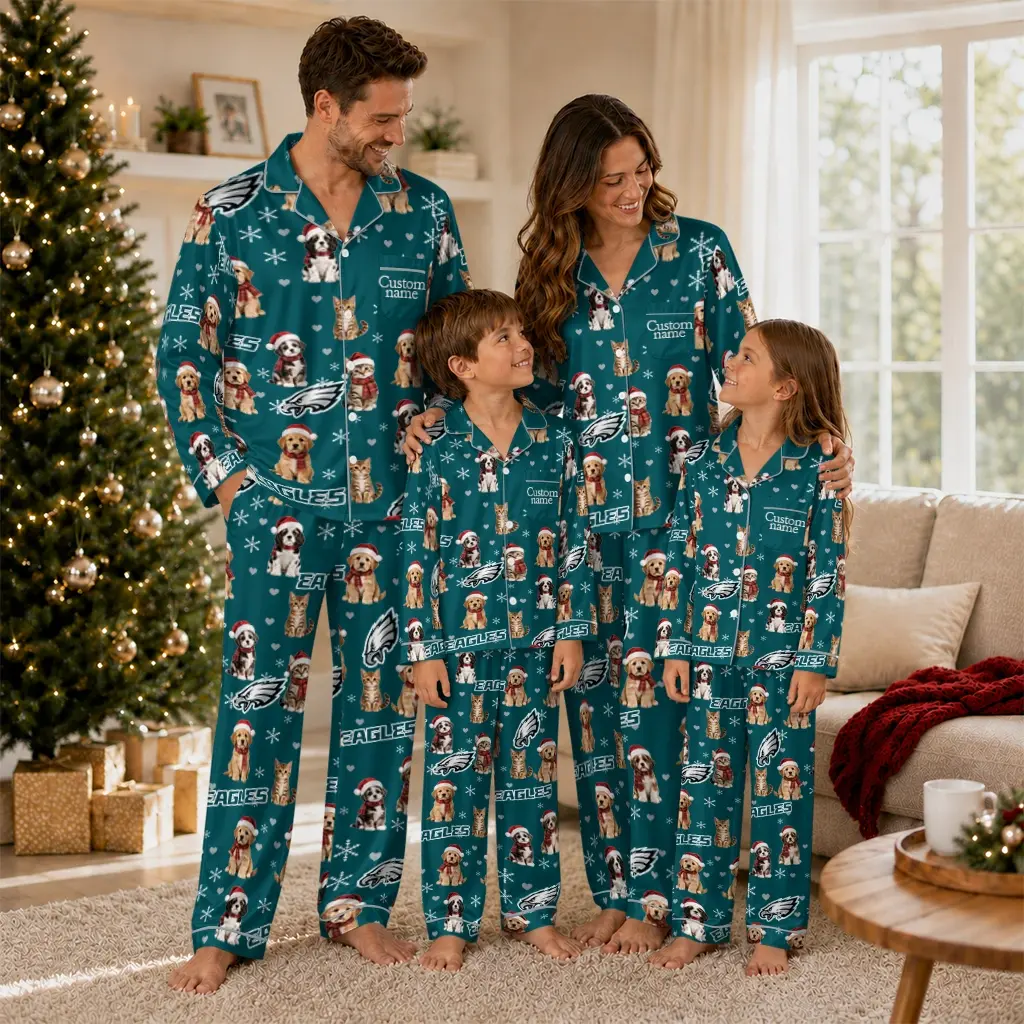 Philadelphia Eagles Long Pajama Set Customized Animal Scatter Green Latest Model Philadelphia Eagles Long Pajama Set Customized Animal Scatter Green Latest Model