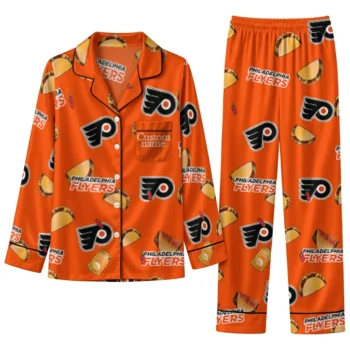 Philadelphia Flyers Long Pajama Set Custom Snack Scatter Orange Best Selling
