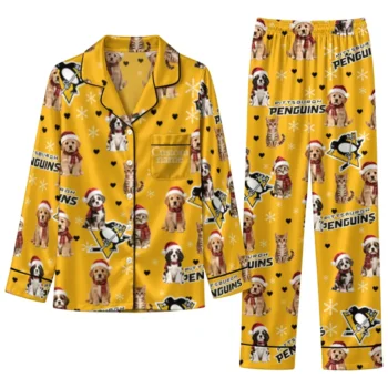 Pittsburgh Penguins Long Pajama Set Custom Animal Scatter Yellow Best Selling