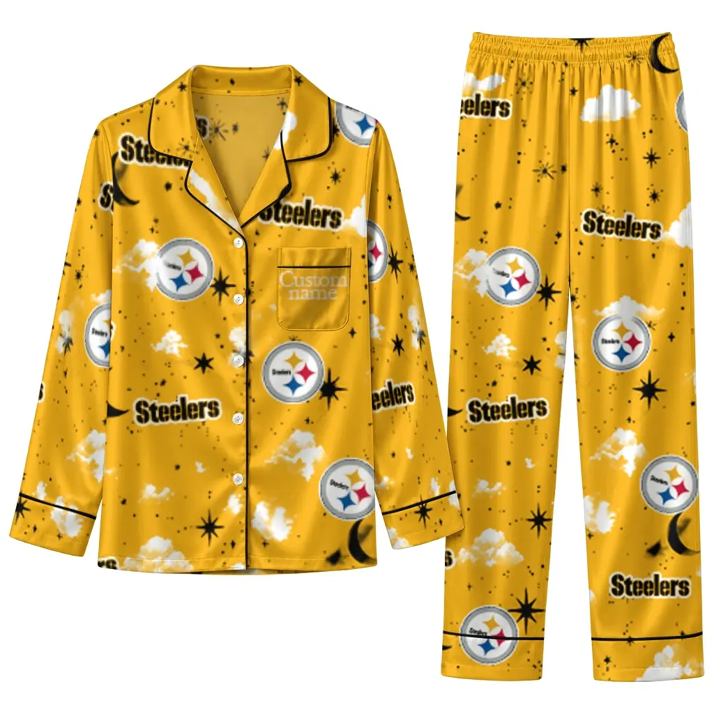 Pittsburgh Steelers Long Pajama Set Customized Cloud Stars Gold Best Selling Pittsburgh Steelers Long Pajama Set Customized Cloud Stars Gold Best Selling