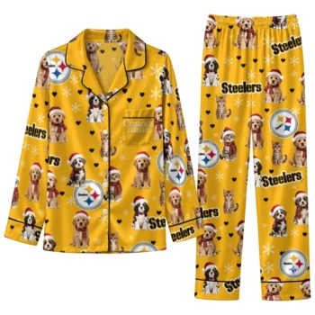 Pittsburgh Steelers Long Pajama Set Personalized Animal Scatter Gold Best Selling