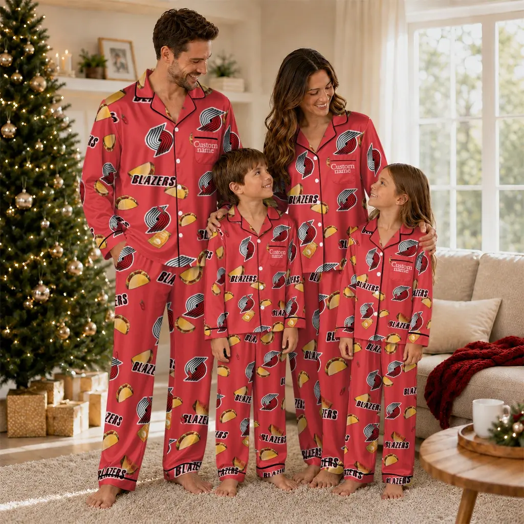 Portland Trail Blazers Long Pajama Set Custom Snack Scatter Red Latest Model Portland Trail Blazers Long Pajama Set Custom Snack Scatter Red Latest Model