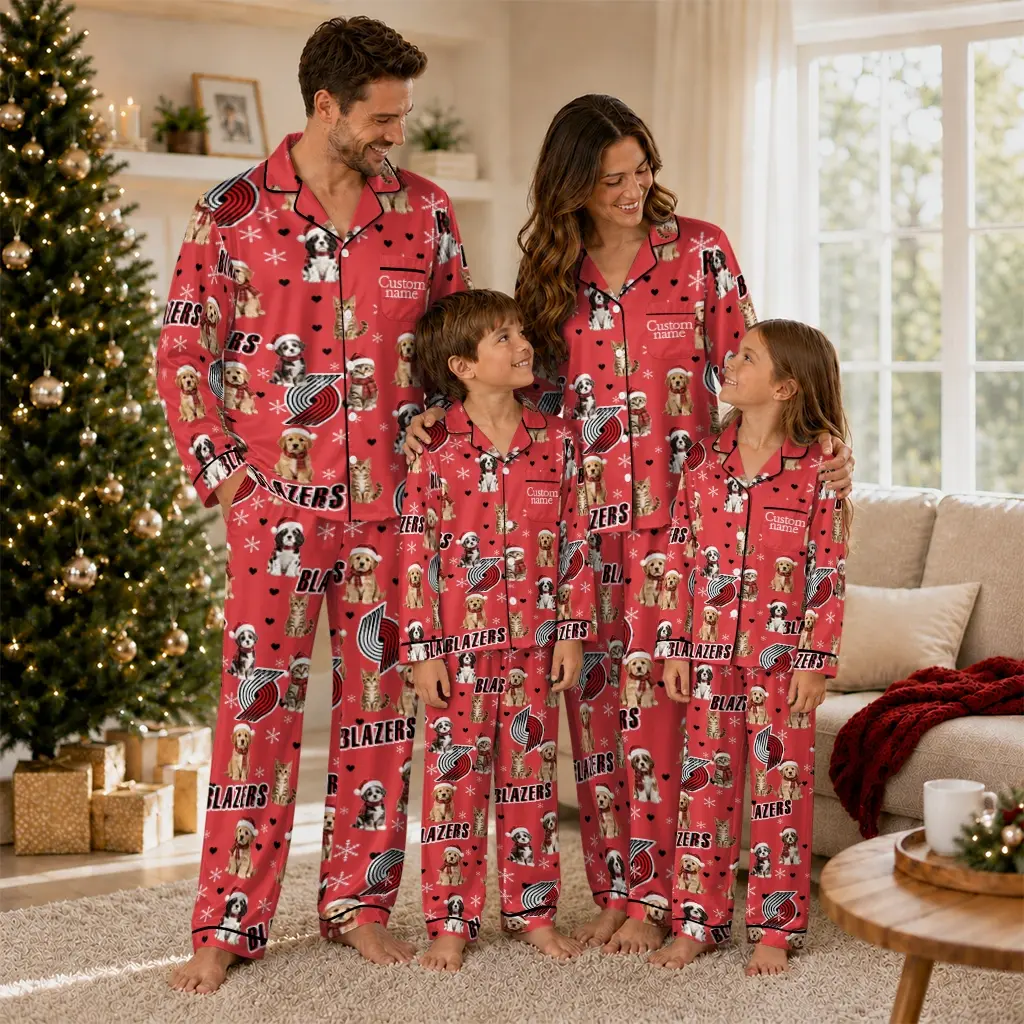 Portland Trail Blazers Long Pajama Set Personalized Animal Scatter Red Latest Model Portland Trail Blazers Long Pajama Set Personalized Animal Scatter Red Latest Model