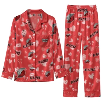 portland trail blazers long pajama set personalized heart charms red best selling.webp