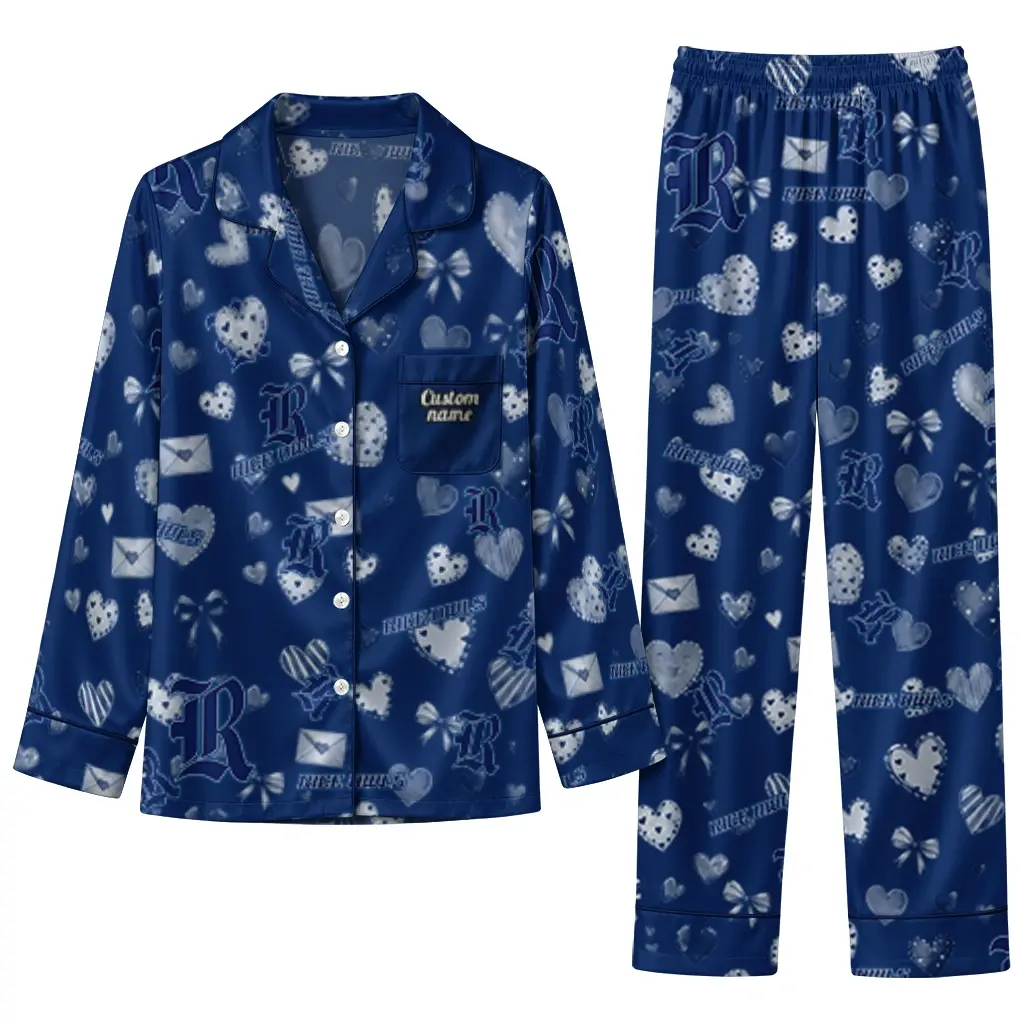 Rice Owls Long Pajama Set Custom Heart Charms Navy Blue Best Selling Rice Owls Long Pajama Set Custom Heart Charms Navy Blue Best Selling