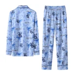Rice Owls Long Pajama Set Custom Ribbon Chains Navy Blue Best Selling