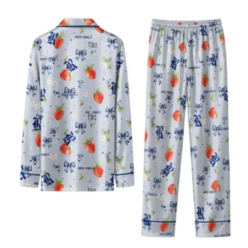 Rice Owls Long Pajama Set Custom Ribbon Florals Navy Blue Fashion Forward