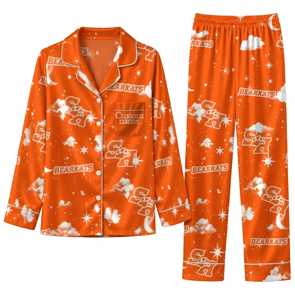 Sam Houston Bearkats Long Pajama Set Customized Cloud Stars Orange Best Selling Sam Houston Bearkats Long Pajama Set Customized Cloud Stars Orange Best Selling