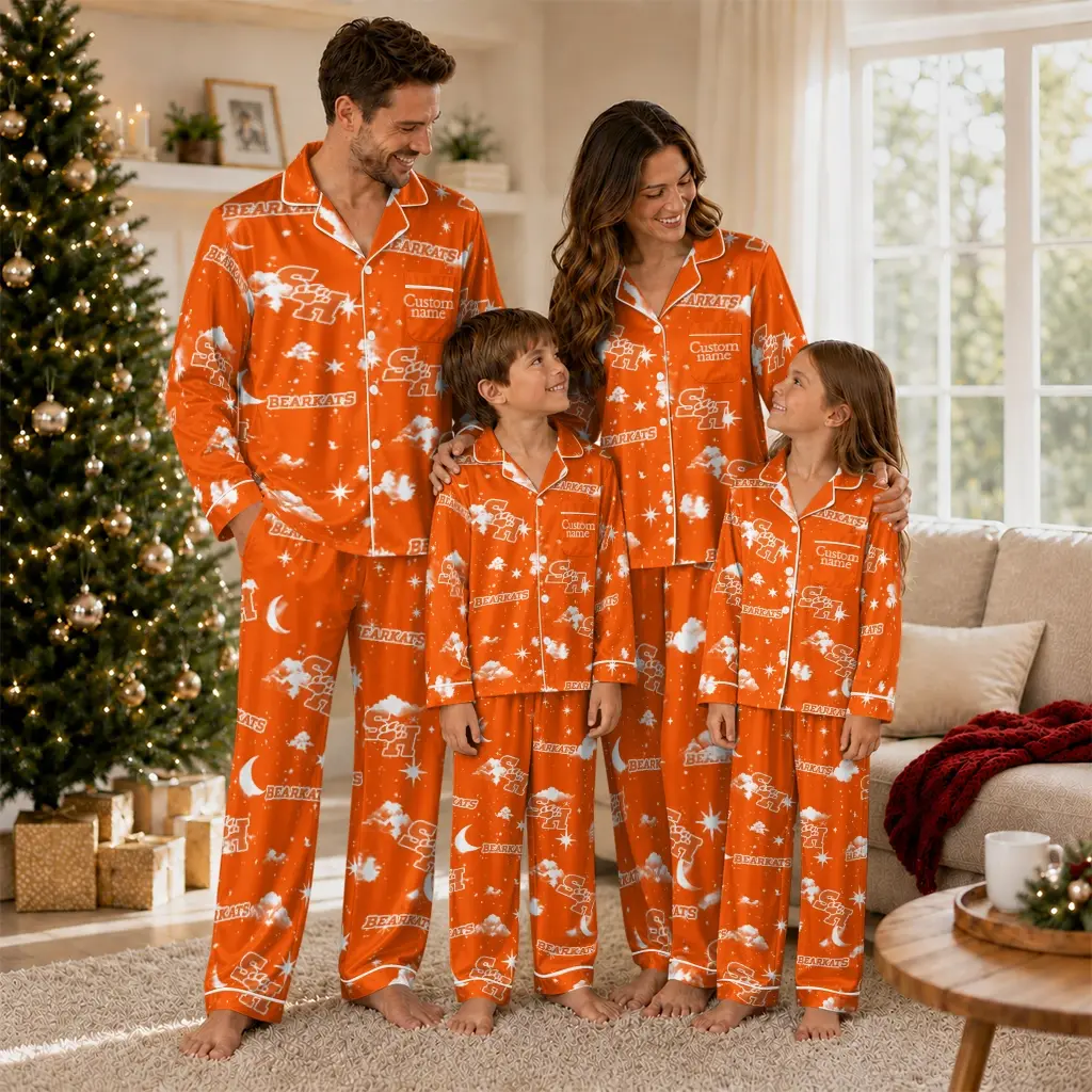 Sam Houston Bearkats Long Pajama Set Customized Cloud Stars Orange Latest Model Sam Houston Bearkats Long Pajama Set Customized Cloud Stars Orange Latest Model