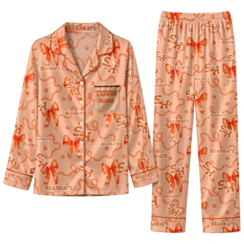 Sam Houston Bearkats Long Pajama Set Customized Ribbon Chains Orange Best Selling