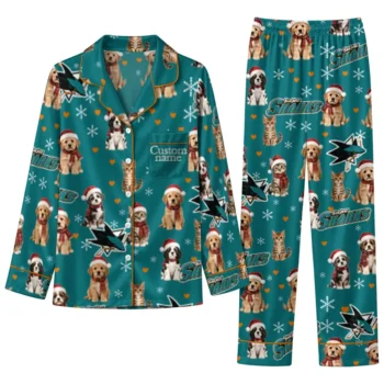 San Jose Sharks Long Pajama Set Customized Animal Scatter Teal Best Selling