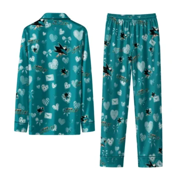 san jose sharks long pajama set customized heart charms teal fashion forward.webp