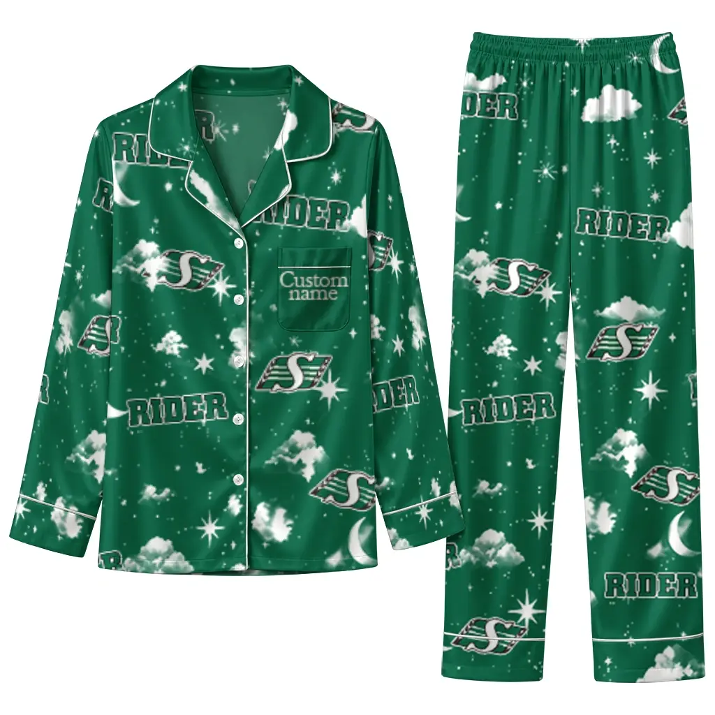 Saskatchewan Roughriders Long Pajama Set Personalized Cloud Stars Green Best Selling Saskatchewan Roughriders Long Pajama Set Personalized Cloud Stars Green Best Selling