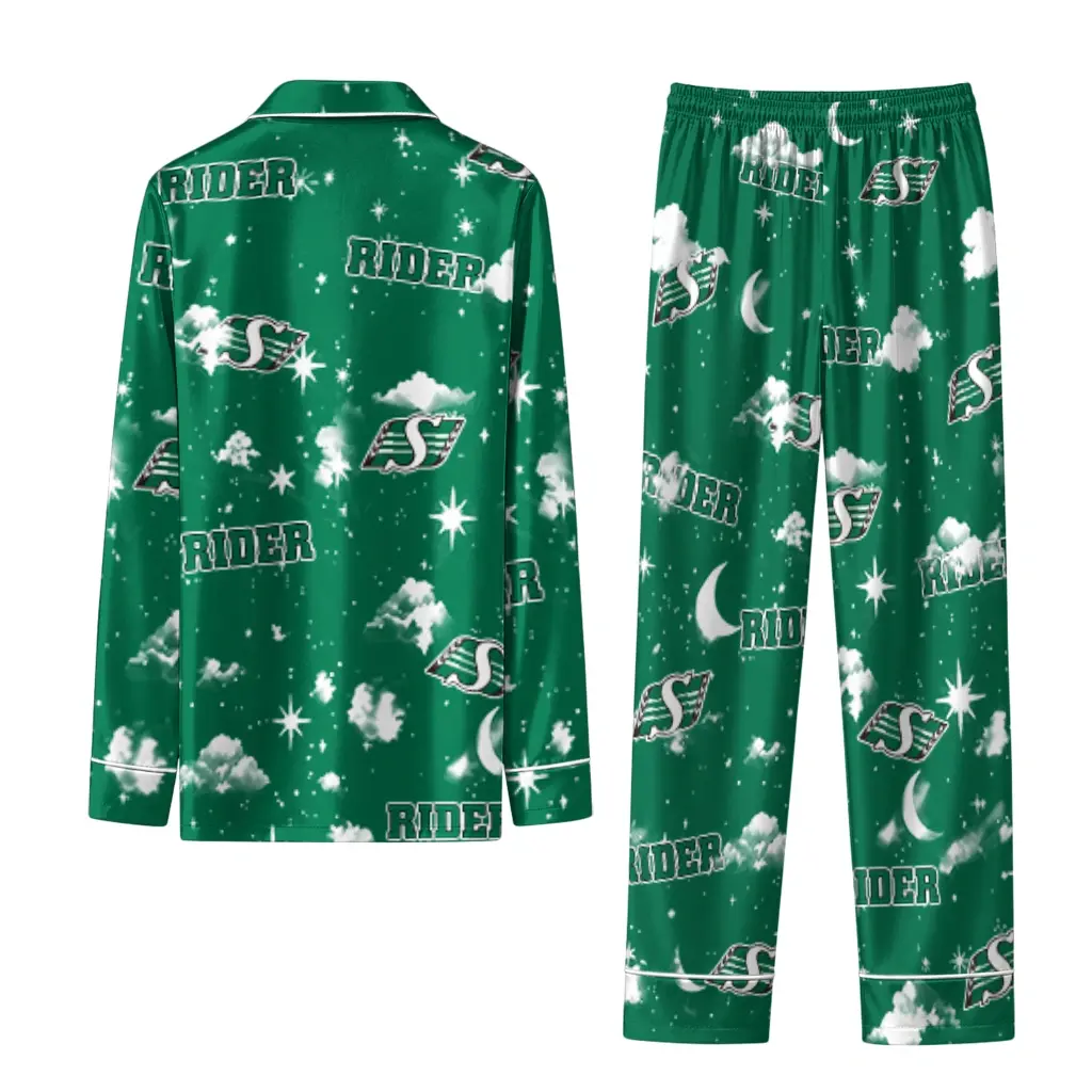 Saskatchewan Roughriders Long Pajama Set Personalized Cloud Stars Green Fashion Forward Saskatchewan Roughriders Long Pajama Set Personalized Cloud Stars Green Fashion Forward