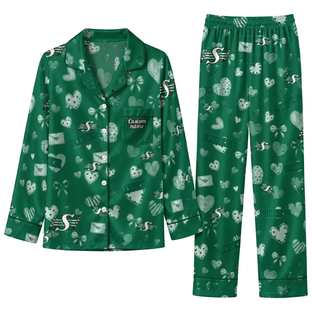 Saskatchewan Roughriders Long Pajama Set Personalized Heart Charms Green Best Selling Saskatchewan Roughriders Long Pajama Set Personalized Heart Charms Green Best Selling