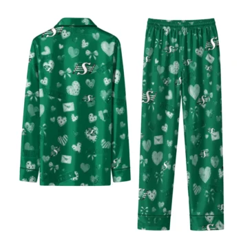 Saskatchewan Roughriders Long Pajama Set Personalized Heart Charms Green Fashion Forward