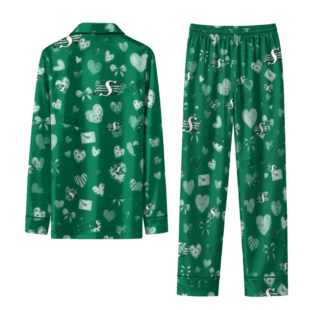Saskatchewan Roughriders Long Pajama Set Personalized Heart Charms Green Fashion Forward Saskatchewan Roughriders Long Pajama Set Personalized Heart Charms Green Fashion Forward