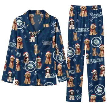 Seattle Mariners Long Pajama Set Custom Animal Scatter Navy Blue Best Selling