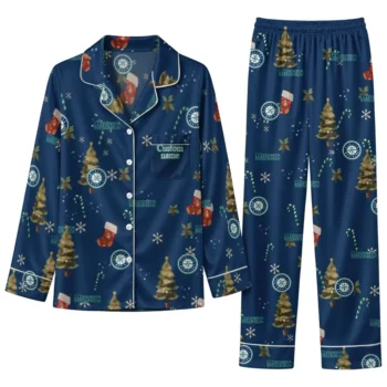 Seattle Mariners Long Pajama Set Personalized Sprig Scatter Navy Blue Best Selling