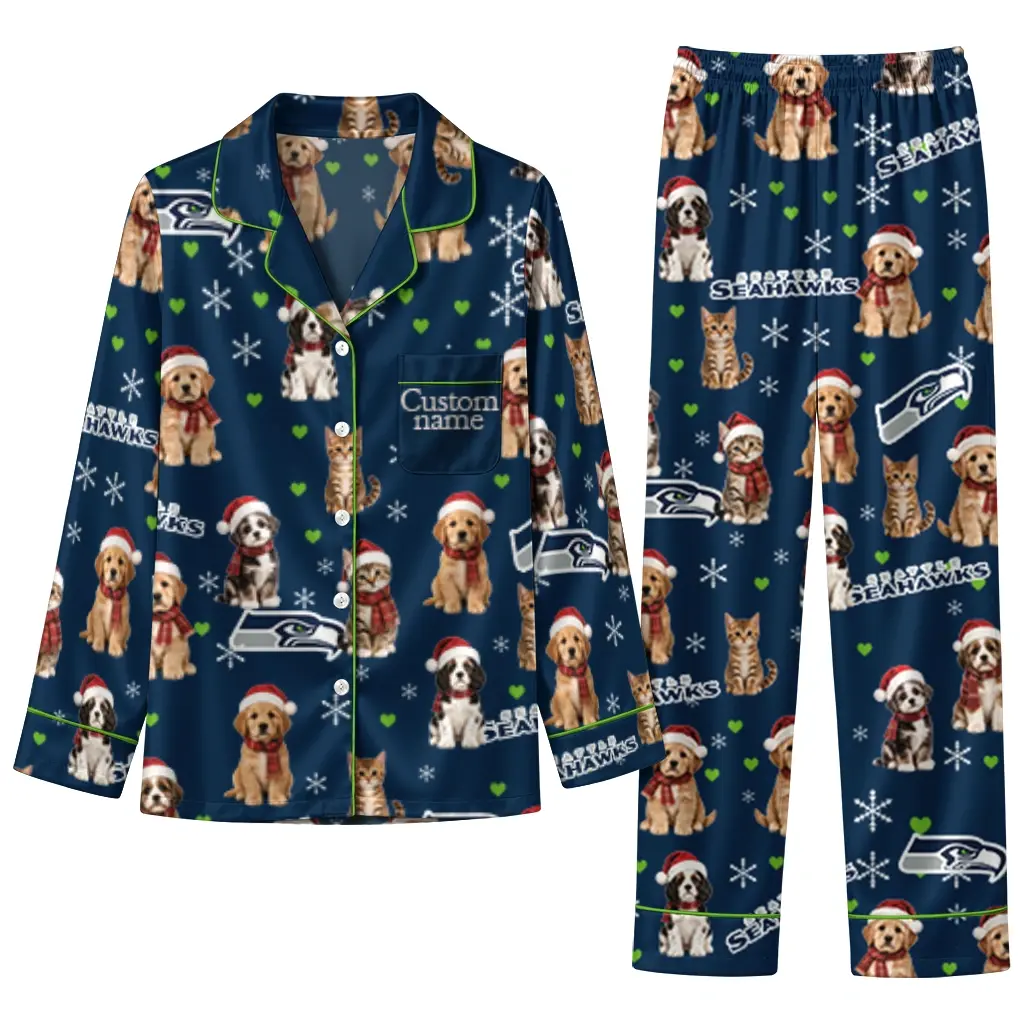 Seattle Seahawks Long Pajama Set Customized Animal Scatter Blue Best Selling Seattle Seahawks Long Pajama Set Customized Animal Scatter Blue Best Selling