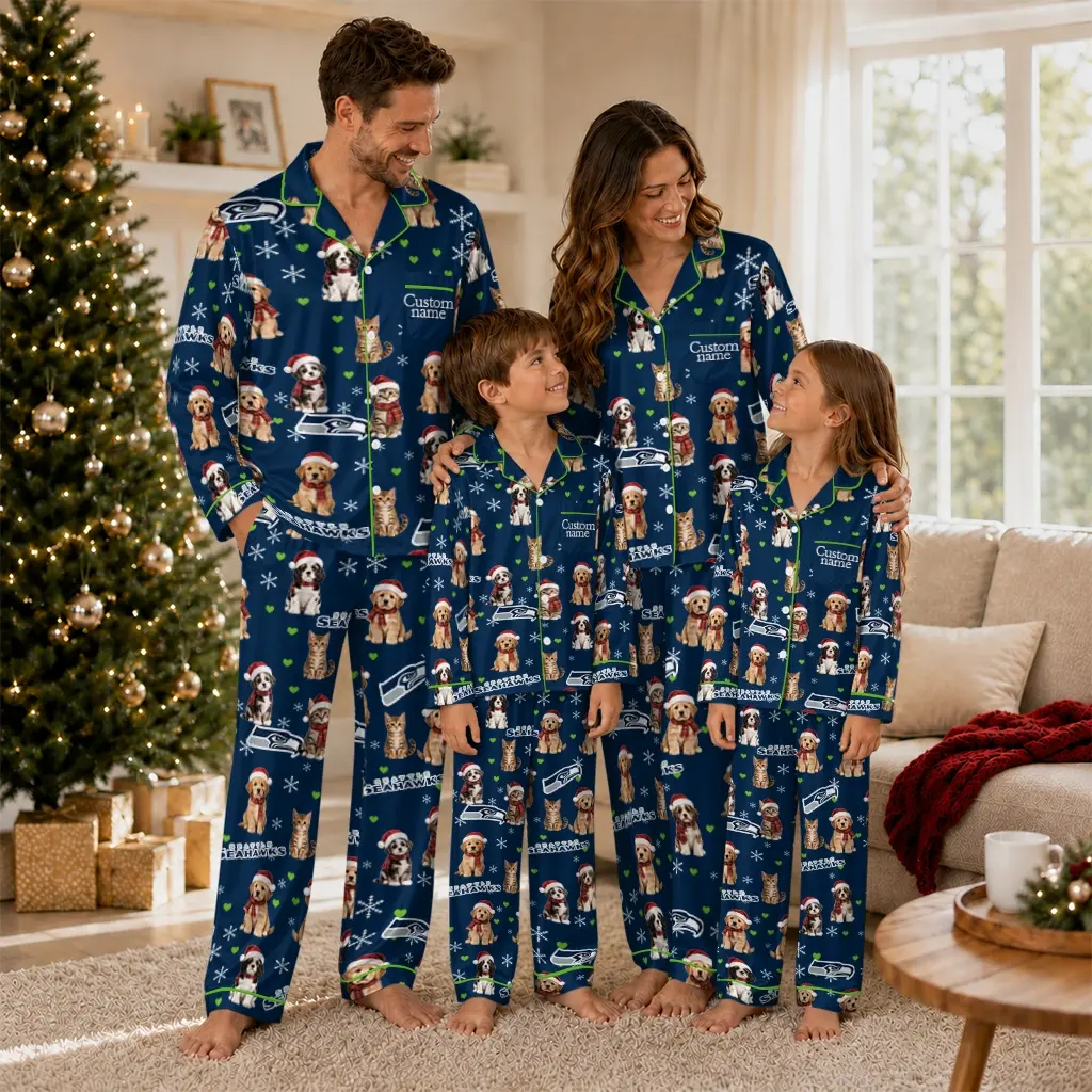 Seattle Seahawks Long Pajama Set Customized Animal Scatter Blue Latest Model Seattle Seahawks Long Pajama Set Customized Animal Scatter Blue Latest Model