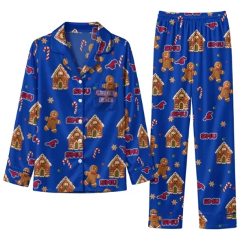 Smu Mustangs Long Pajama Set Custom Candy Scatter Blue Best Selling