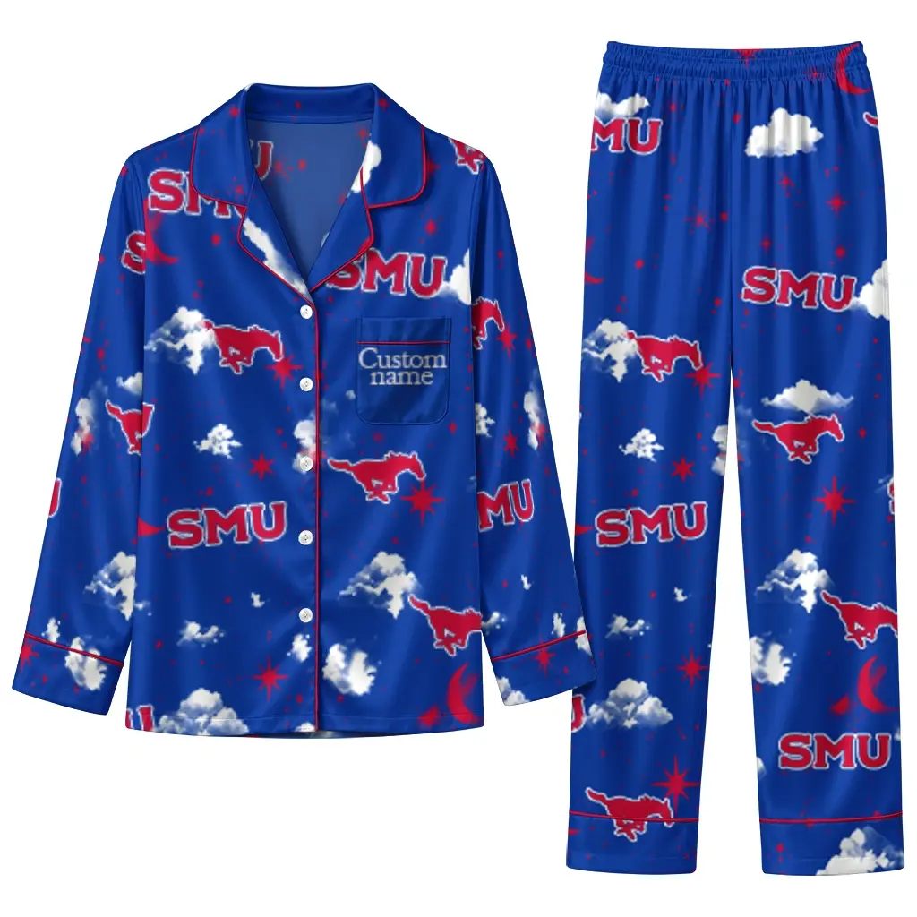 Smu Mustangs Long Pajama Set Custom Cloud Stars Blue Best Selling Smu Mustangs Long Pajama Set Custom Cloud Stars Blue Best Selling