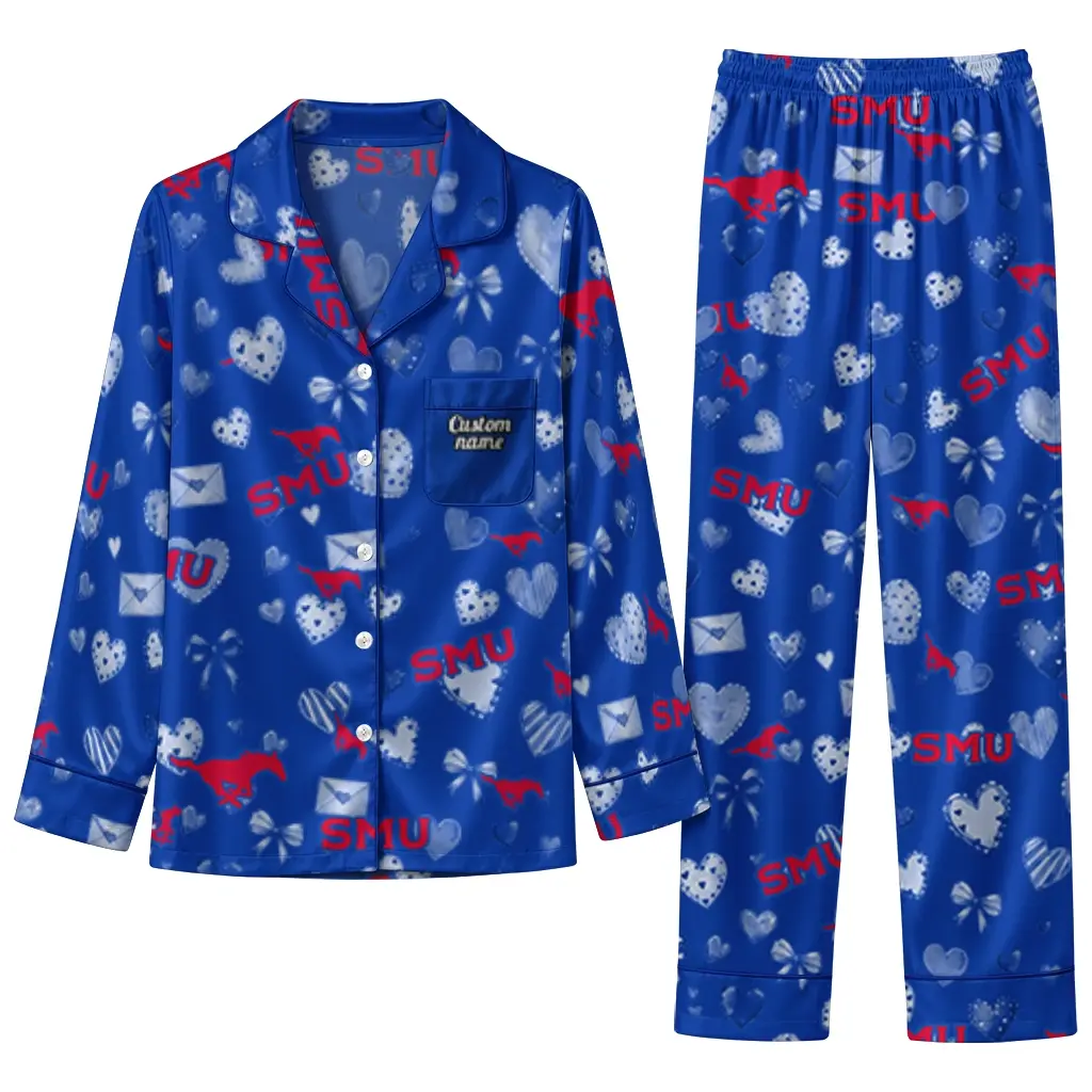 Smu Mustangs Long Pajama Set Custom Heart Charms Blue Best Selling Smu Mustangs Long Pajama Set Custom Heart Charms Blue Best Selling