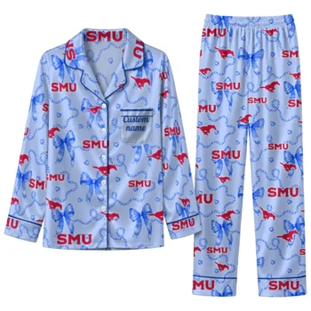 Smu Mustangs Long Pajama Set Custom Ribbon Chains Blue Best Selling