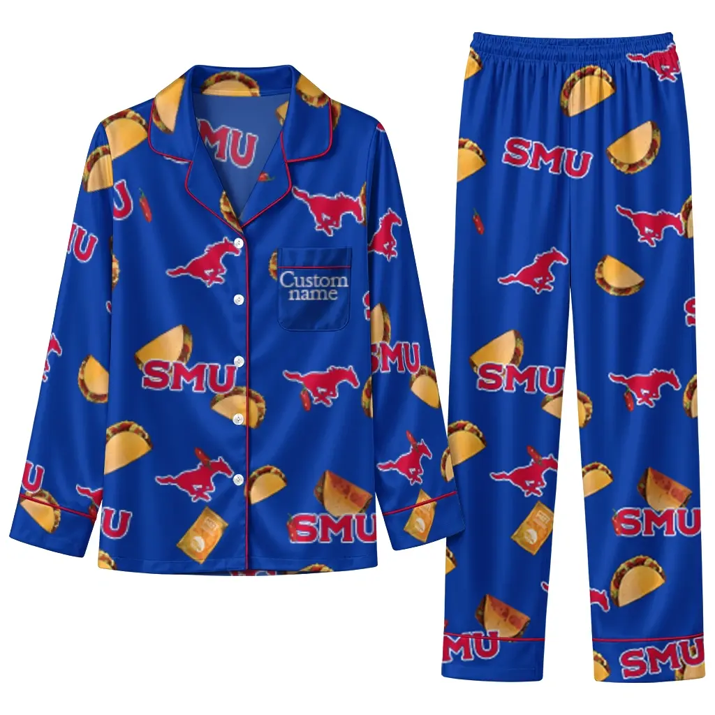 Smu Mustangs Long Pajama Set Custom Snack Scatter Blue Best Selling Smu Mustangs Long Pajama Set Custom Snack Scatter Blue Best Selling