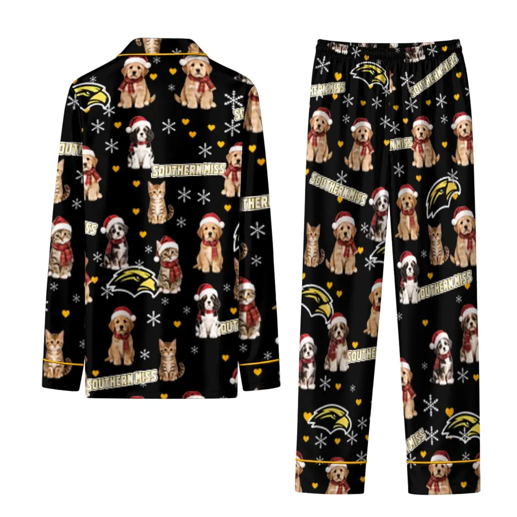 Southern Miss Golden Eagles Long Pajama Set Customized Animal Scatter Black Fashion Forward Southern Miss Golden Eagles Long Pajama Set Customized Animal Scatter Black Fashion Forward