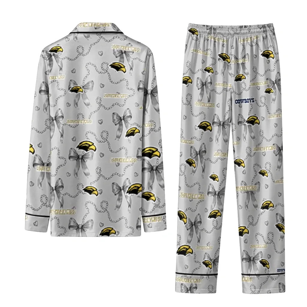 Southern Miss Golden Eagles Long Pajama Set Customized Ribbon Chains Black Fashion Forward Southern Miss Golden Eagles Long Pajama Set Customized Ribbon Chains Black Fashion Forward